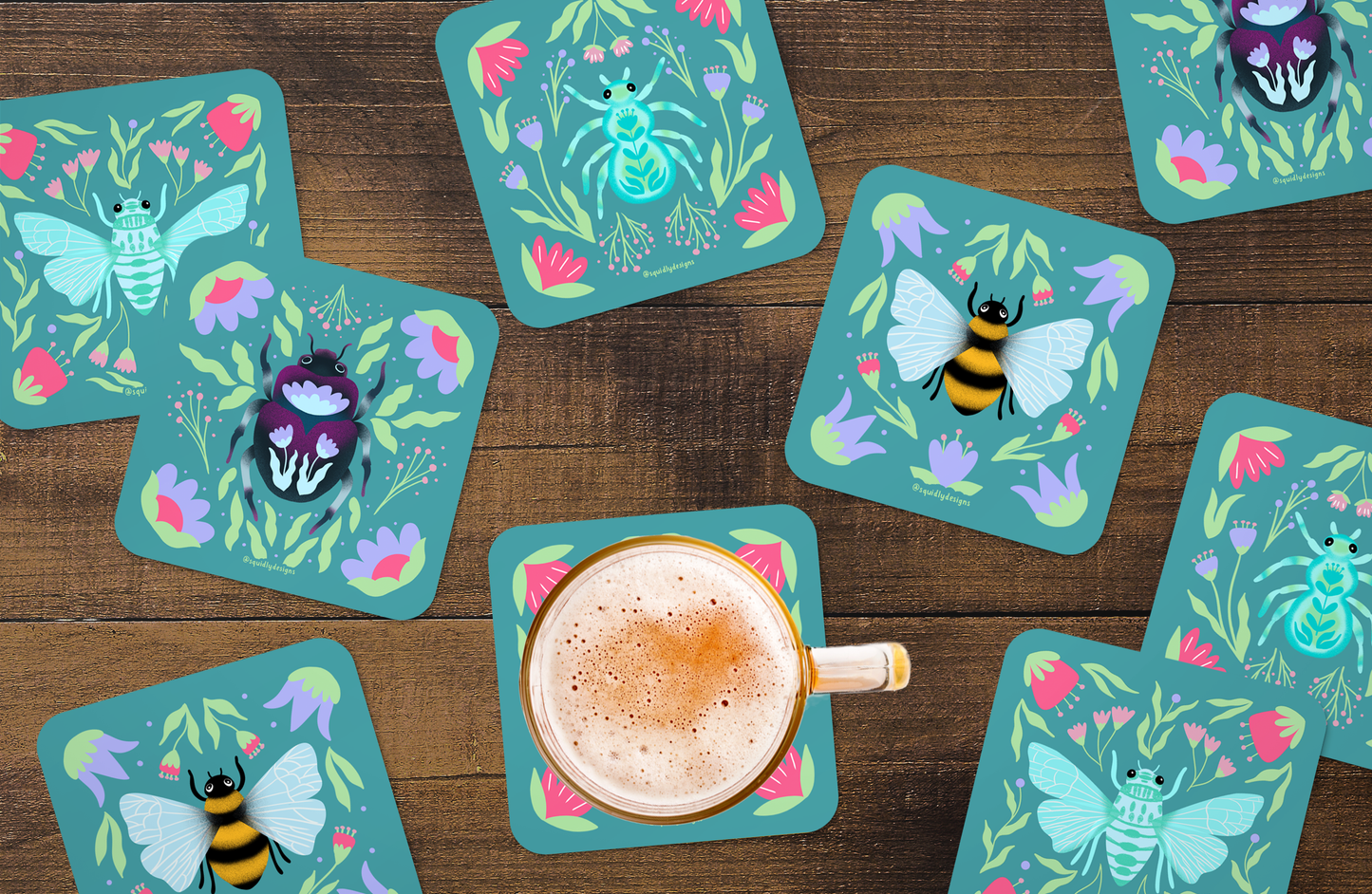 Coaster Set - Bugs and Florals - Color way #2