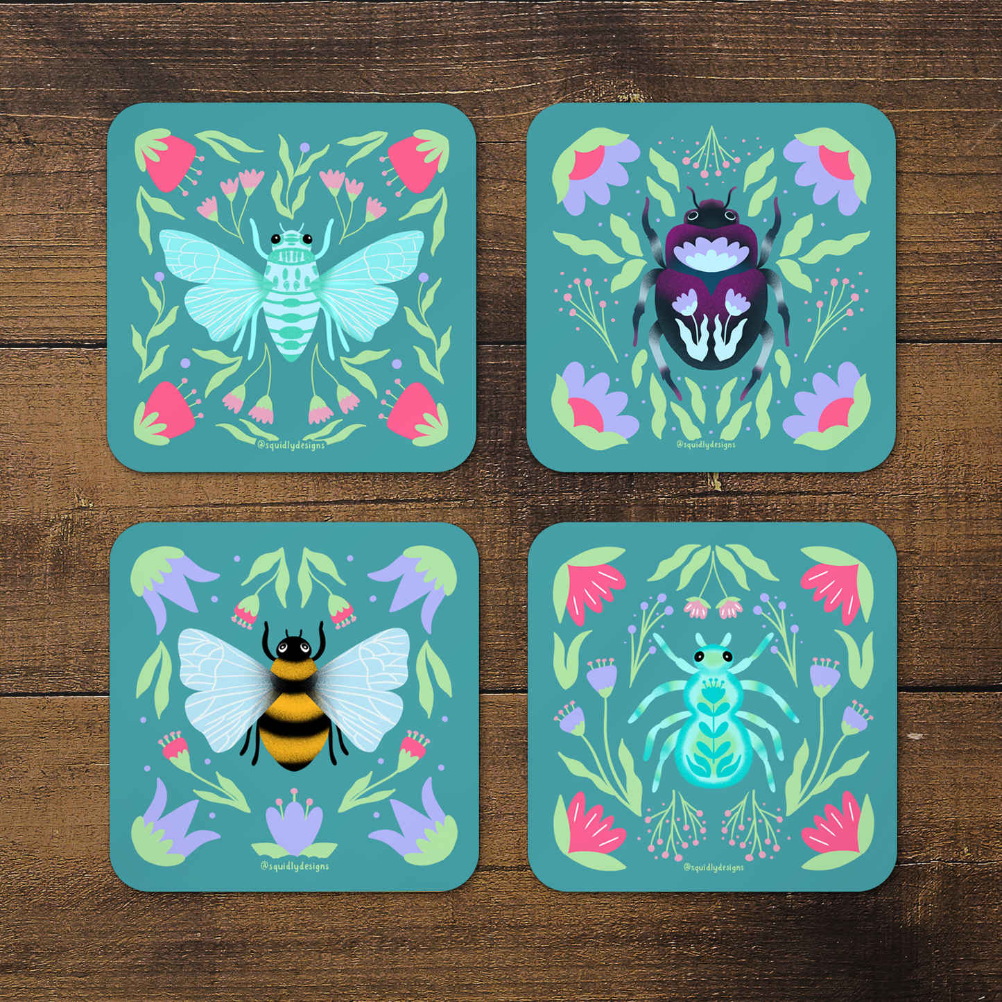 Coaster Set - Bugs and Florals - Color way #2