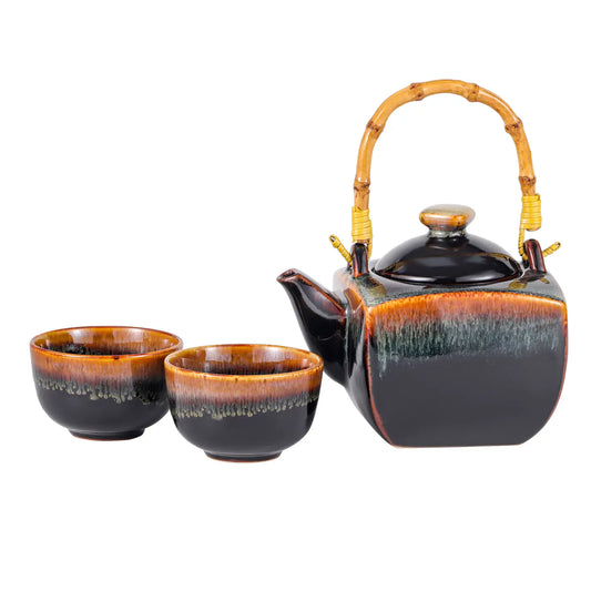 Black Brown Reactive Glaze Tea Set 32oz Tea Pot with 2 Cups