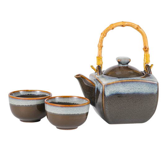 Olive Green Reactive Glaze Tea Set 32oz Tea Pot with 2 Cups